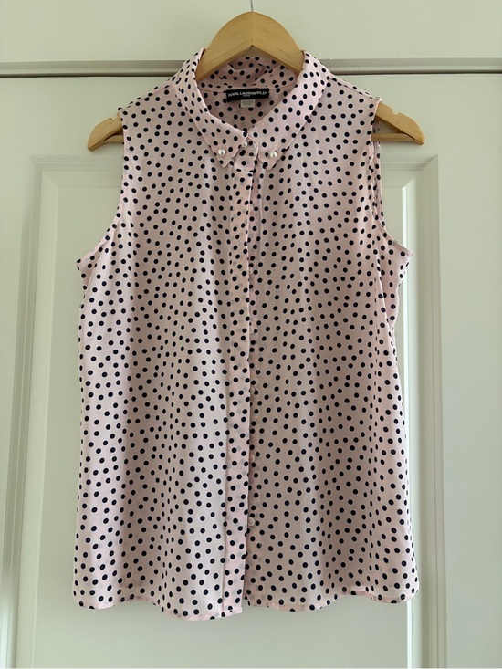 Karl Lagerfeld Tops - Karl Lagerfeld Pink and Black Polka Dot Sleeveless Button-Up Blouse